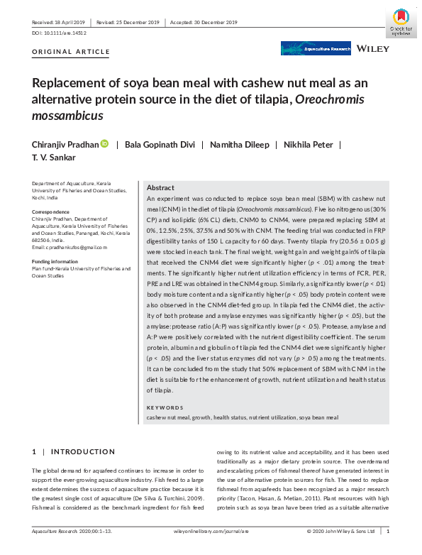 (PDF) Replacement of soya bean meal with cashew nut meal as an ...
