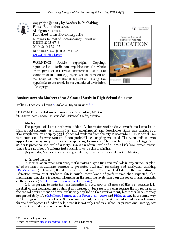 (PDF) Anxiety towards Mathematics A Case of Study in High School Students