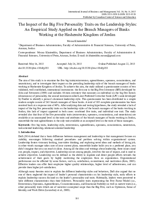 (PDF) The Impact of the Big Five Personality Traits on the Leadership ...