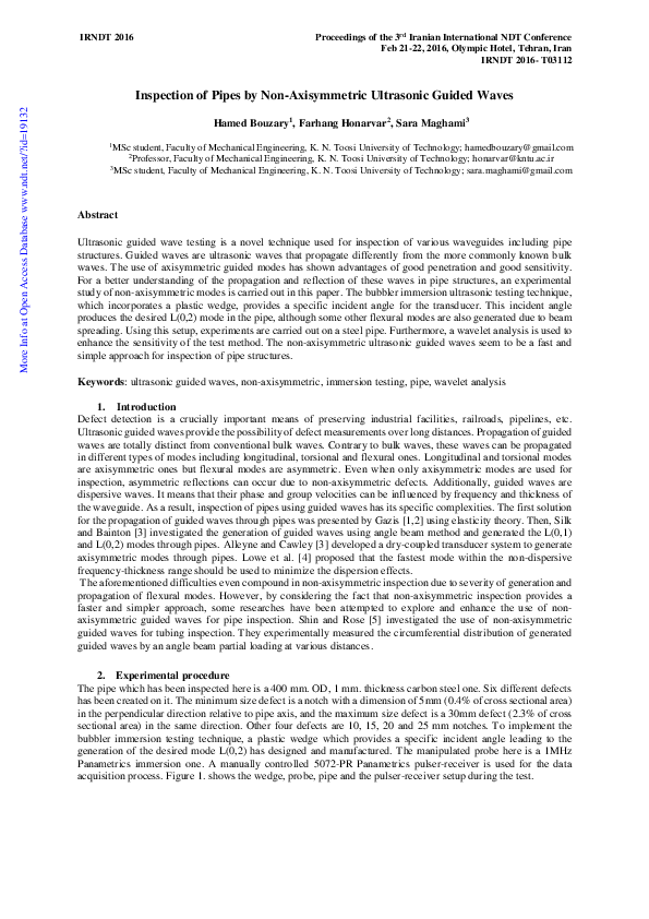 (PDF) Inspection of Pipes by Non-Axisymmetric Ultrasonic Guided Waves
