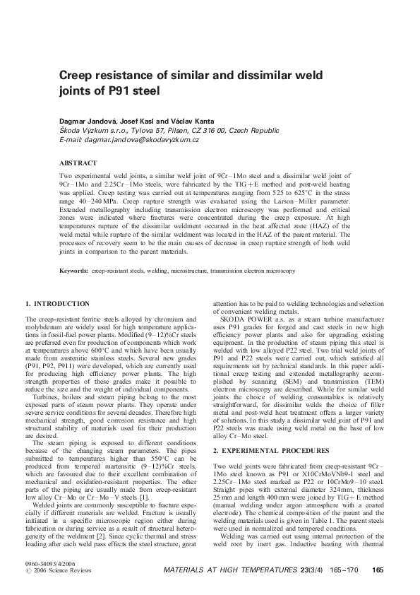 (PDF) Creep resistance of similar and dissimilar weld joints of P91 steel
