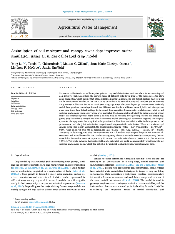 (PDF) Assimilation of soil moisture and canopy cover data improves ...