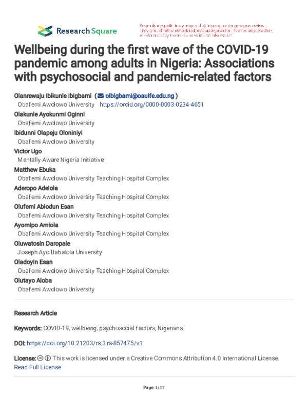 (PDF) Wellbeing during the first wave of the COVID-19 pandemic among ...