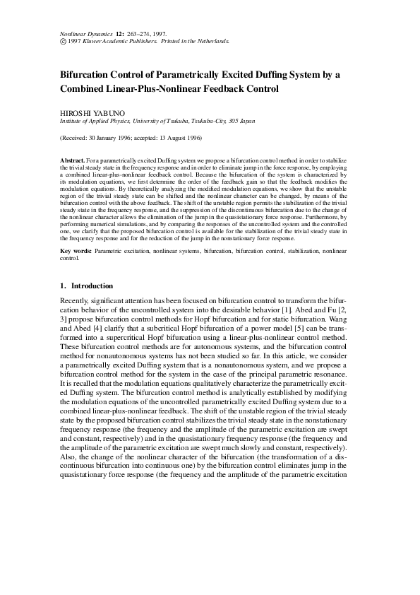 (PDF) Bifurcation Control of Parametrically Excited Duffing System by a ...