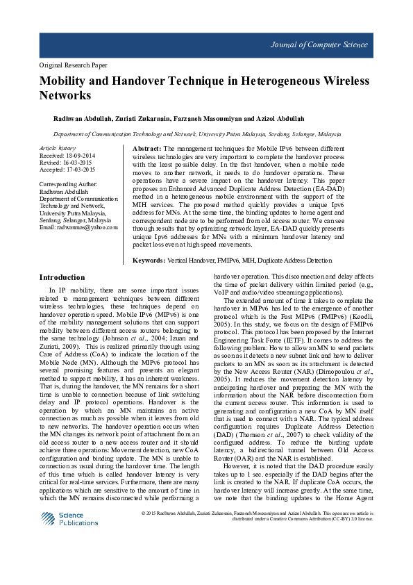(PDF) Mobility and Handover Technique in Heterogeneous Wireless Networks