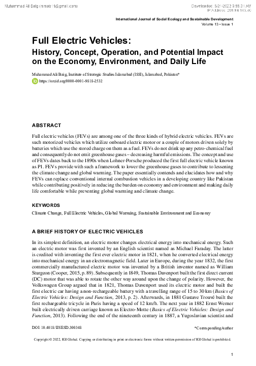 (PDF) Full Electric Vehicles History, Concept, Operation, and