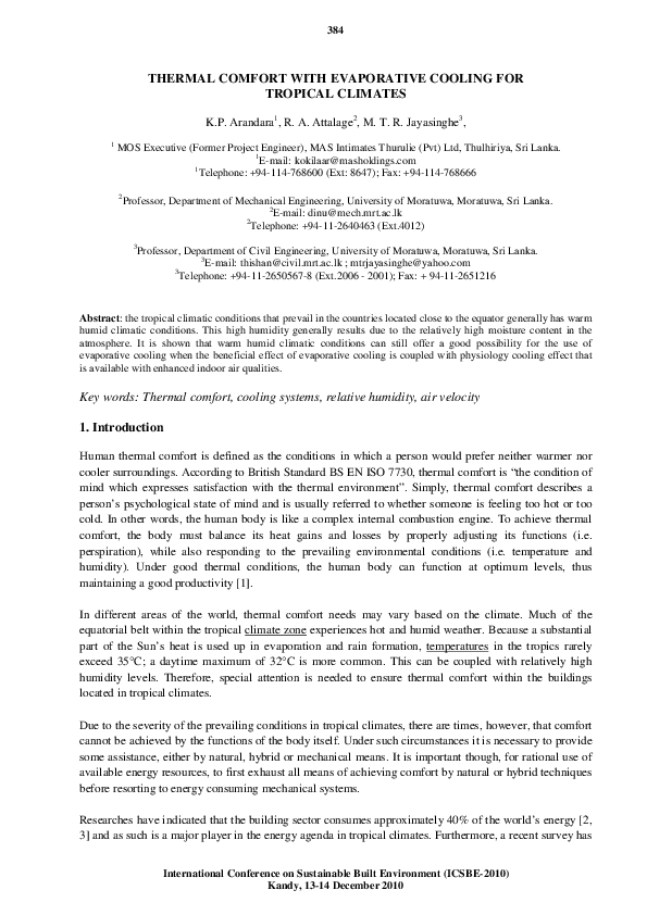 (PDF) Thermal comfort with evaporative cooling for tropical climates