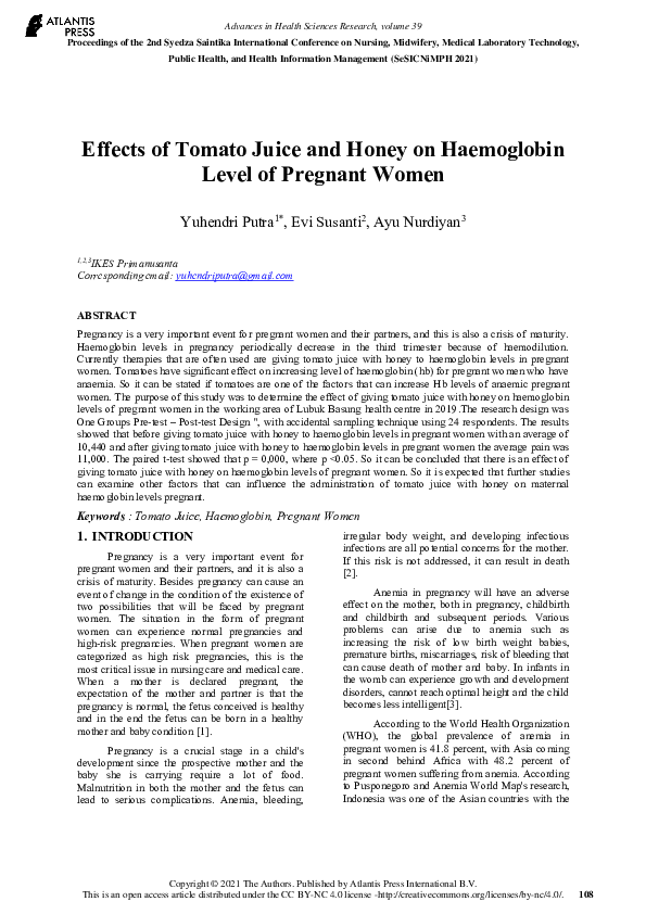 (PDF) Effects of Tomato Juice and Honey on Haemoglobin Level of
