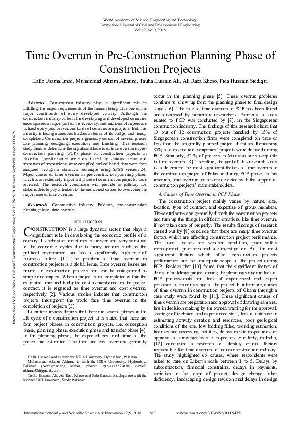(PDF) Time Overrun In Pre-Construction Planning Phase Of Construction ...
