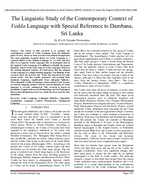 (PDF) The Linguistic Study of the Contemporary Context of Vedda ...