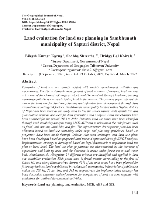 (PDF) Land evaluation for land use planning in Sambhunath municipality