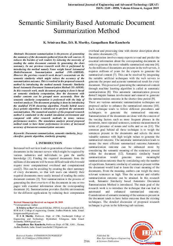 (PDF) Semantic Similarity Based Automatic Document Summarization Method