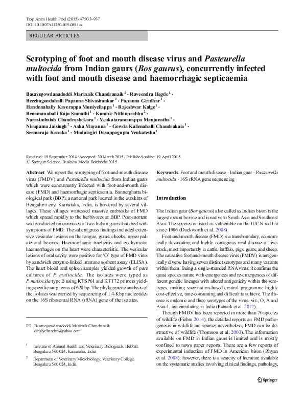 (PDF) Serotyping of foot and mouth disease virus and Pasteurella ...