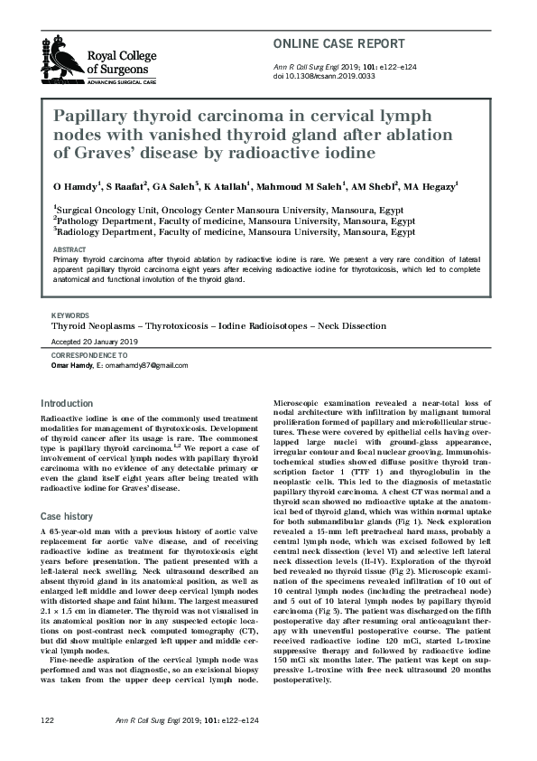 (PDF) Papillary thyroid carcinoma in cervical lymph nodes with vanished ...