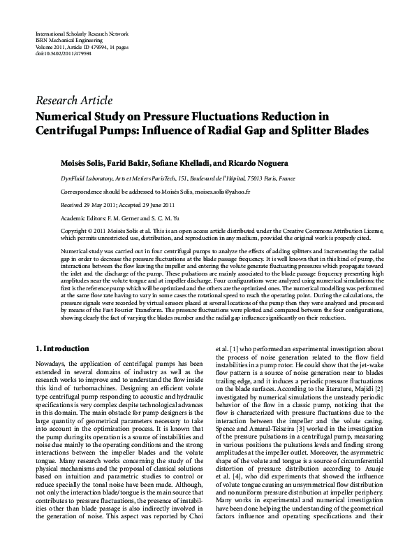 (PDF) Numerical Study on Pressure Fluctuations Reduction in Centrifugal ...