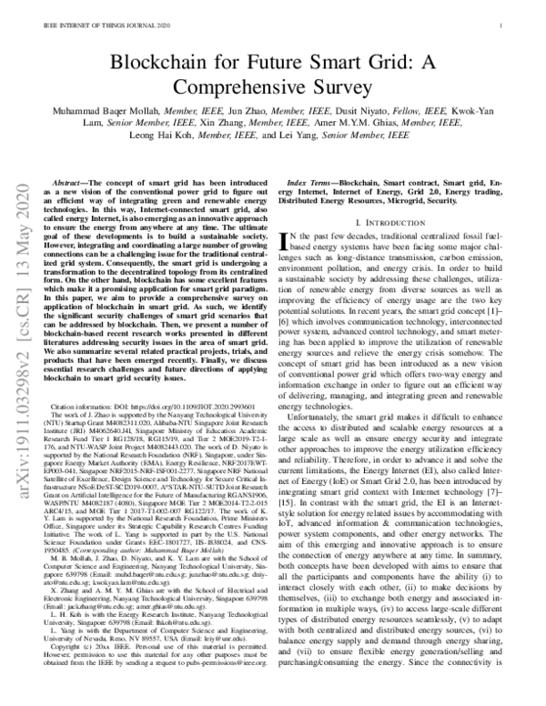 (PDF) Blockchain for Future Smart Grid: A Comprehensive Survey