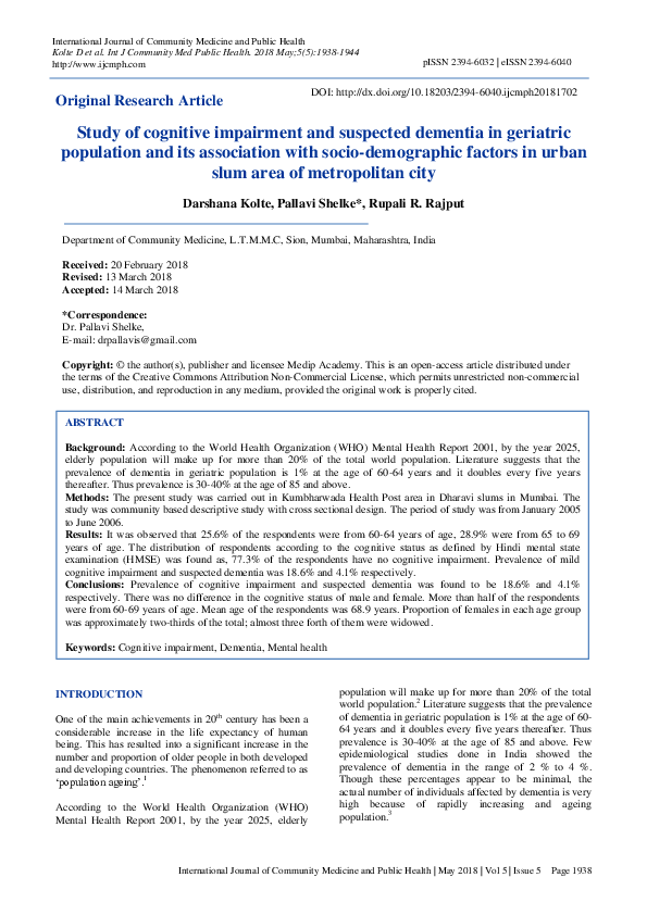 (PDF) Study of cognitive impairment and suspected dementia in geriatric ...