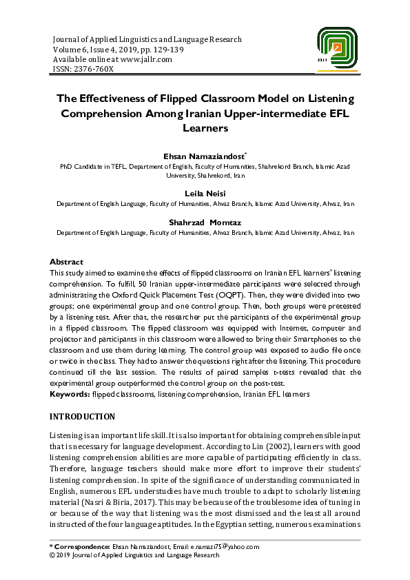 (PDF) The Effectiveness of Flipped Classroom Model on Listening ...