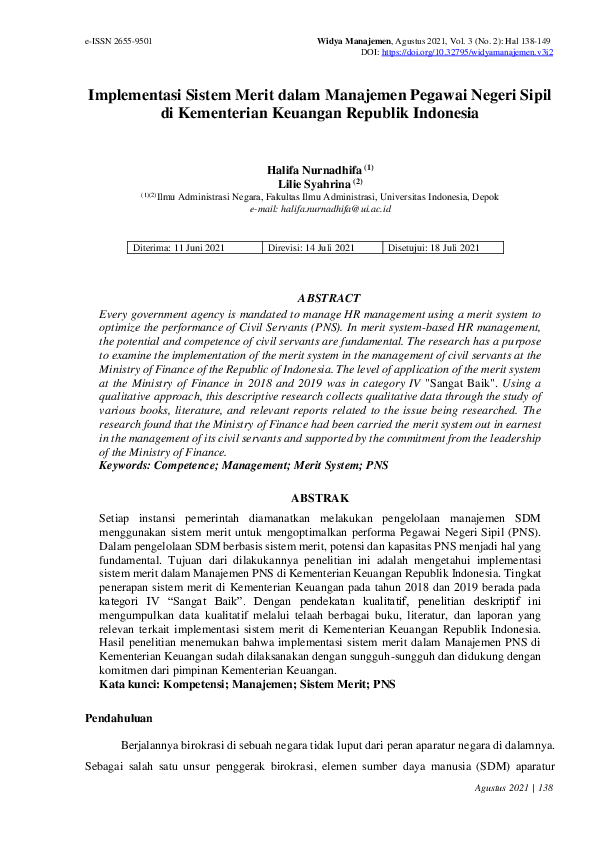 Pdf Implementasi Sistem Merit Dalam Manajemen Pegawai Negeri Sipil Di