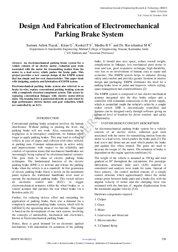 (PDF) Design And Fabrication of Electromechanical Parking Brake System