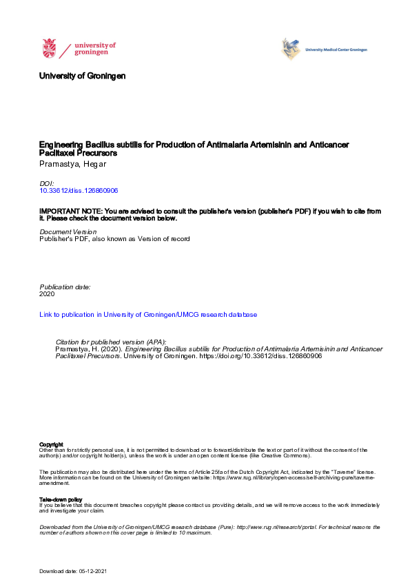 (PDF) Engineering Bacillus subtilis for Production of Antimalaria ...