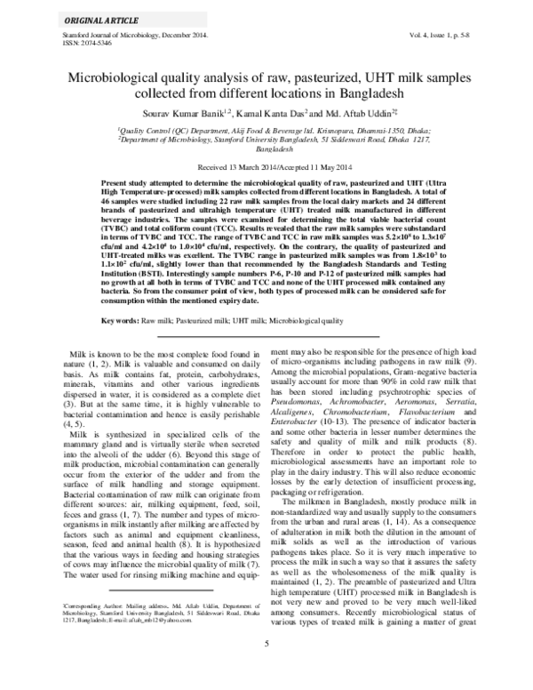 (PDF) Microbiological quality analysis of raw, pasteurized, UHT milk ...