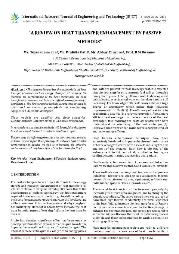 (PDF) “A Review on Heat Transfer Enhancement by Passive Methods”