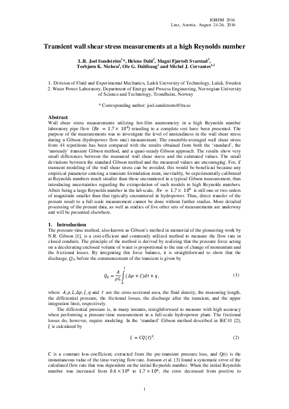 (PDF) Transient wall shear stress measurements at a high Reynolds number
