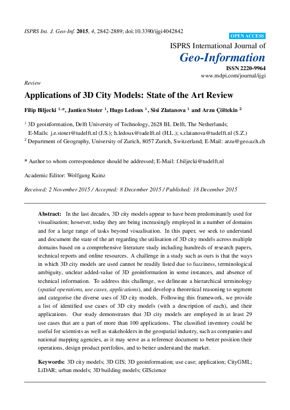 (PDF) Applications of 3D City Models: State of the Art Review