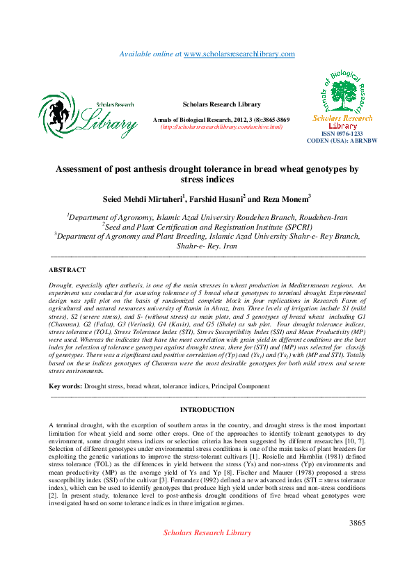 (PDF) Assessment of post anthesis drought tolerance in bread wheat ...
