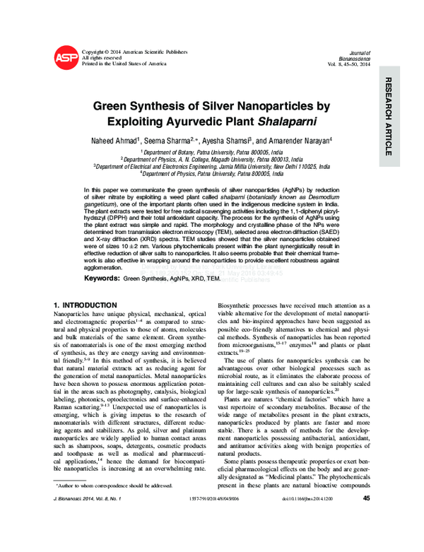 (PDF) Green Synthesis of Silver Nanoparticles by Exploiting Ayurvedic ...