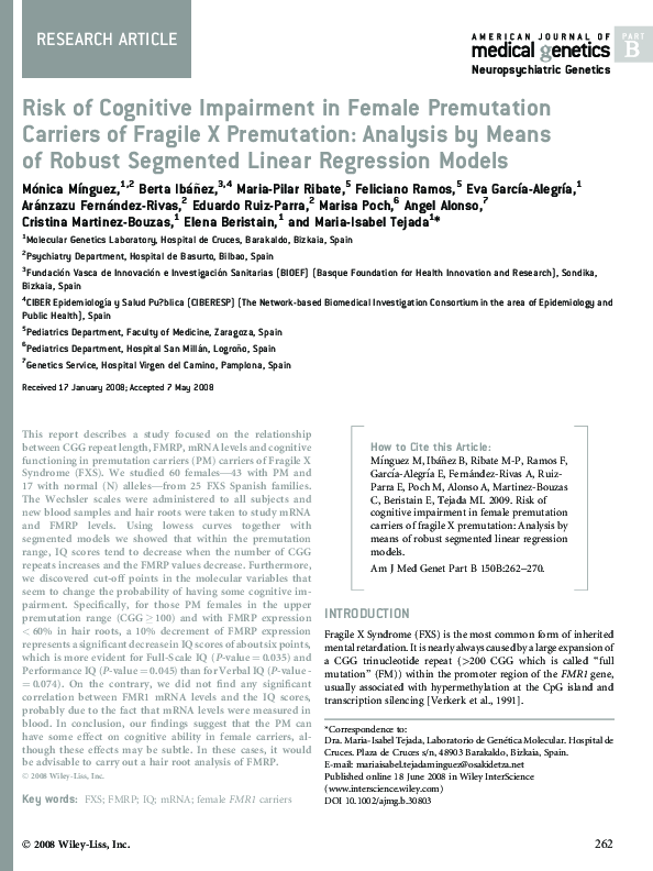 (PDF) Risk of cognitive impairment in female premutation carriers of ...