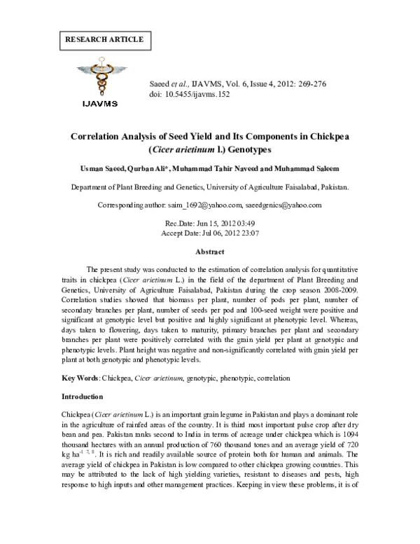 (PDF) Correlation analysis of seed yield and its components in chickpea ...