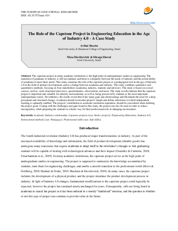 (PDF) The Role of the Capstone Project in Engineering Education in the ...
