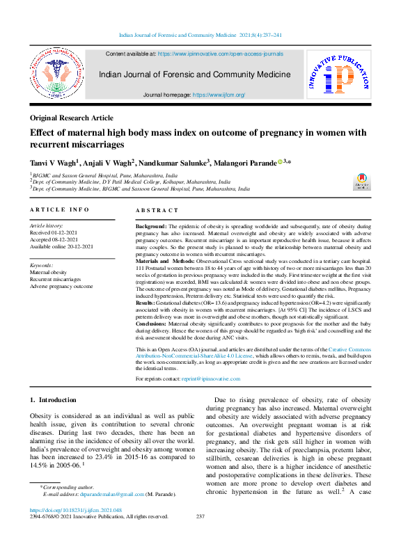 (PDF) Effect of maternal high body mass index on outcome of pregnancy ...