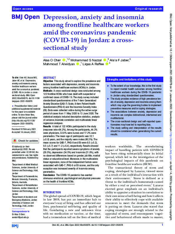 (PDF) Depression, anxiety and insomnia among frontline healthcare ...