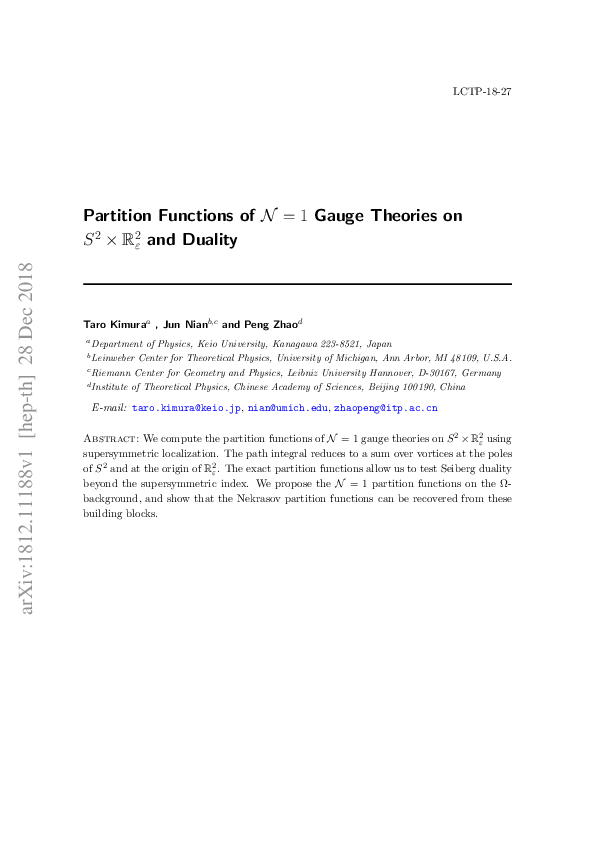 (PDF) Partition Functions of N=1 Gauge Theories on S^2 ×R^2_ε and Duality