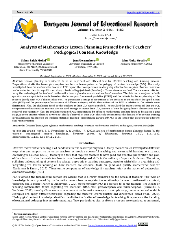(PDF) Analysis of Mathematics Lesson Planning Framed by the Teachers ...