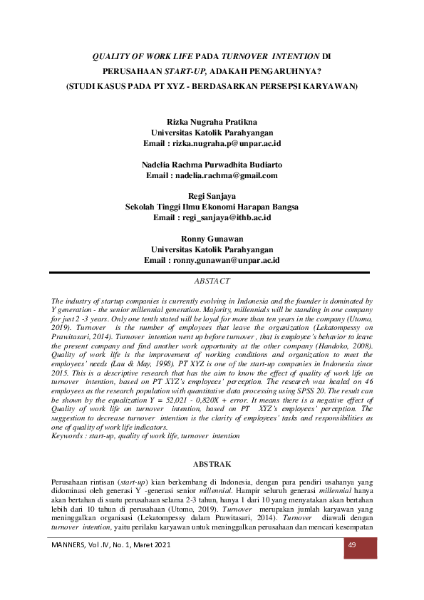 (PDF) Quality of Work Life Pada Turnover Intention DI Perusahaan Start ...