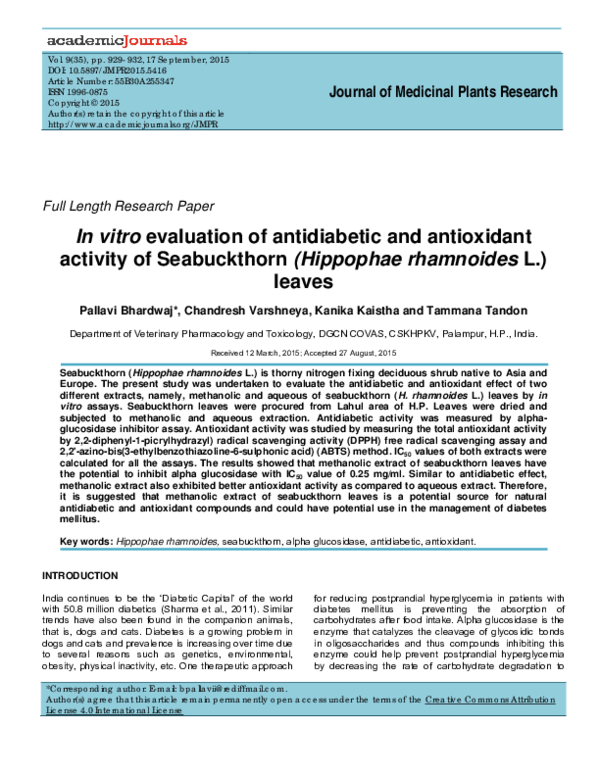(PDF) In vitro evaluation of antidiabetic and antioxidant activity of ...