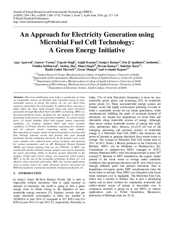 (PDF) An Approach for Electricity Generation using Microbial Fuel Cell ...
