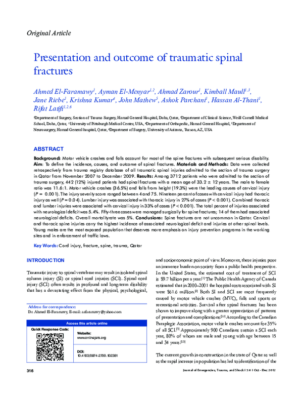 (PDF) Presentation and outcome of traumatic spinal fractures