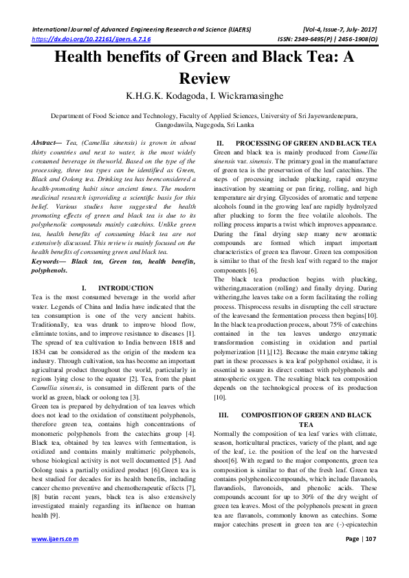 (PDF) Health benefits of Green and Black Tea A Review Indira