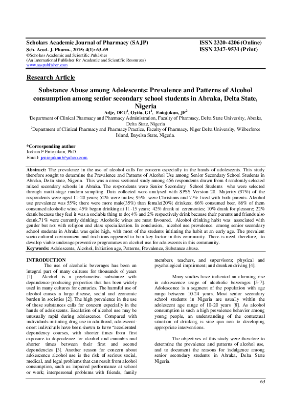 (PDF) Substance Abuse among Adolescents: Prevalence and Patterns of ...