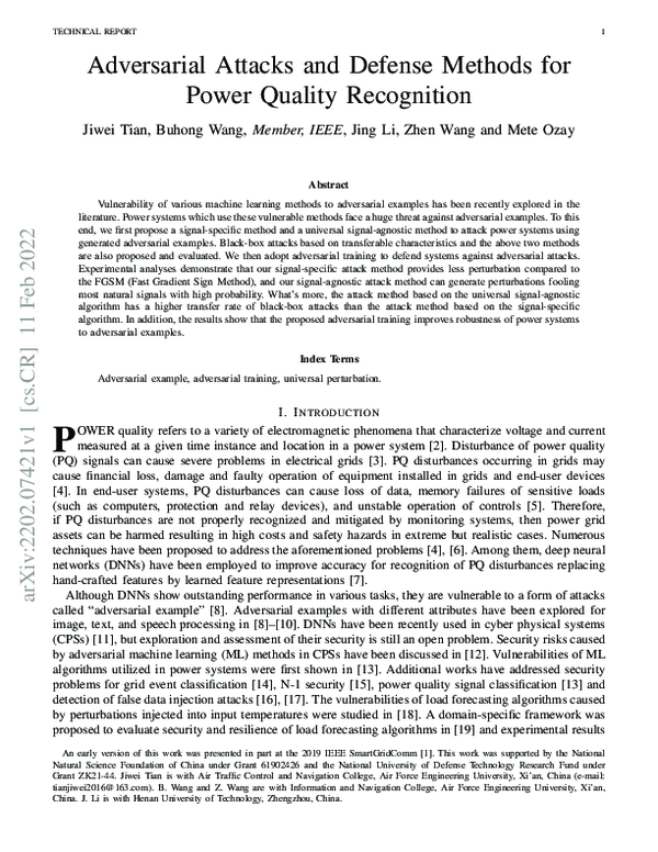 (PDF) Adversarial Attacks and Defense Methods for Power Quality Recognition