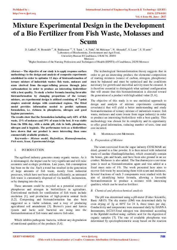 (PDF) Mixture Experimental Design in the Development of a Bio Fertilizer from Fish Waste