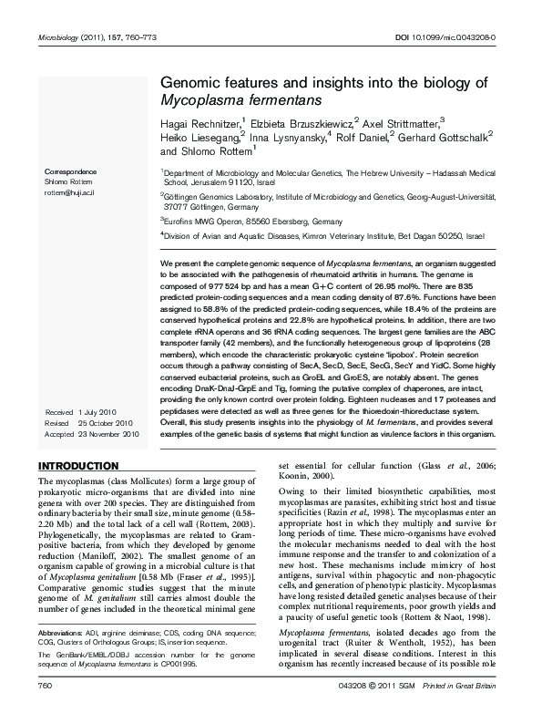 (PDF) Genomic features and insights into the biology of Mycoplasma ...