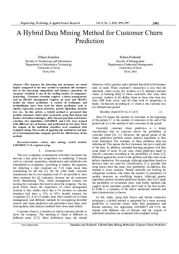 (PDF) A Hybrid Data Mining Method for Customer Churn Prediction