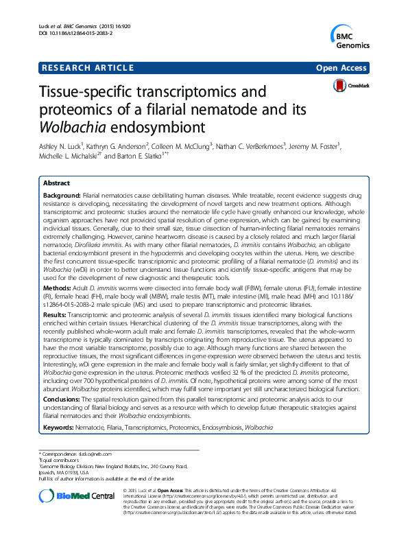 (PDF) Tissue-specific transcriptomics and proteomics of a filarial ...