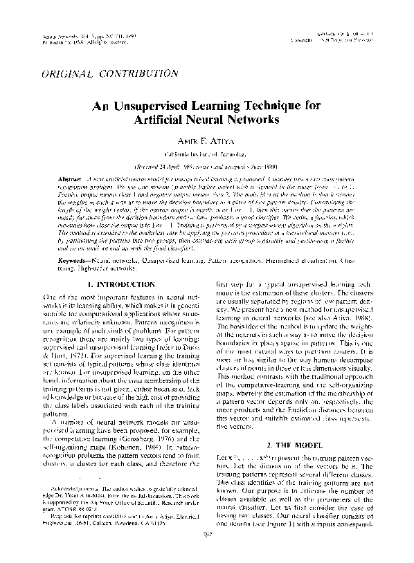 (PDF) An unsupervised learning technique for artificial neural networks
